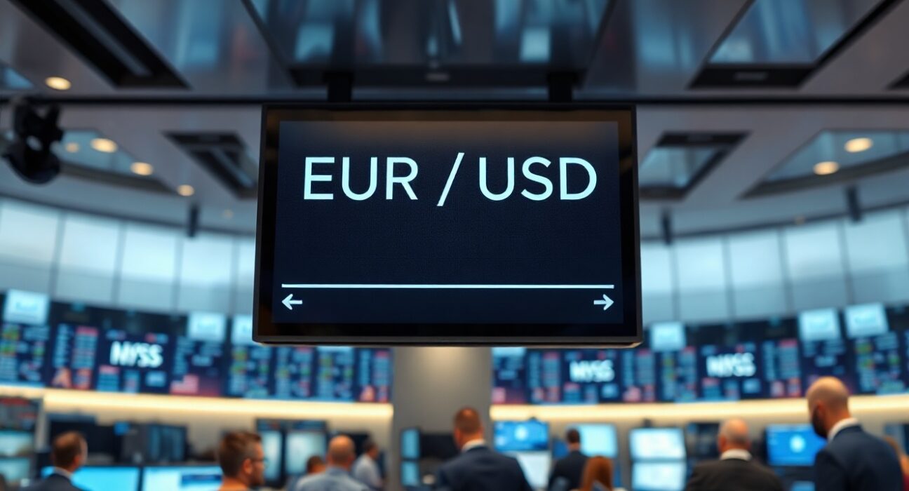 EUR/USD trading flat on a financial screen ahead of US jobs report release