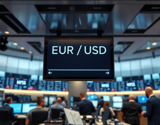 EUR/USD trading flat on a financial screen ahead of US jobs report release