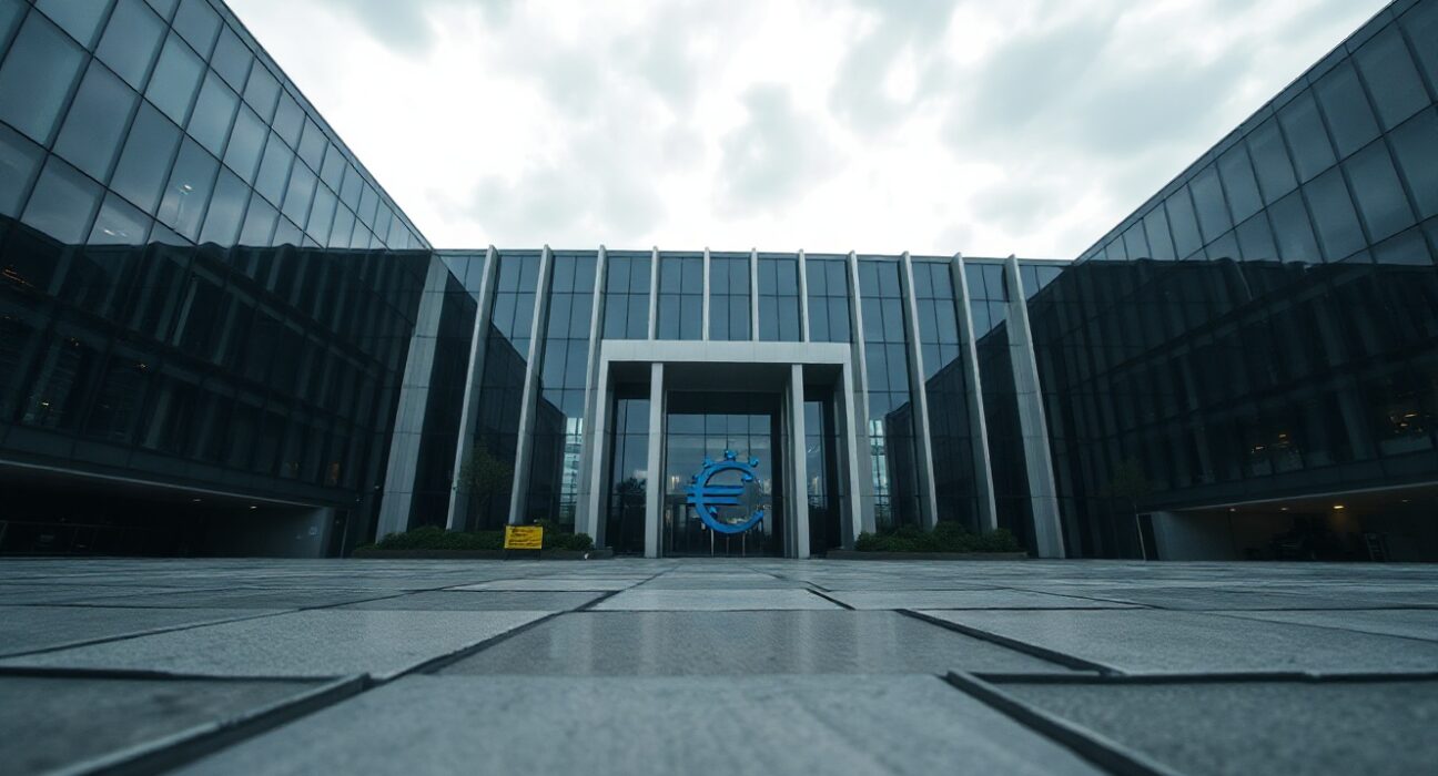 European Central Bank headquarters in Frankfurt under overcast sky, symbolizing market anticipation