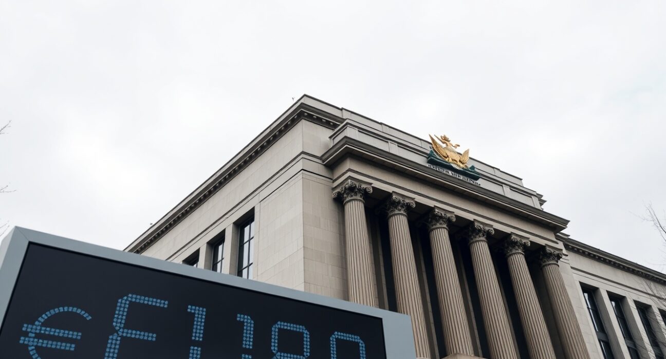 European Central Bank building in Frankfurt with EUR/USD exchange rate board showing flat trading