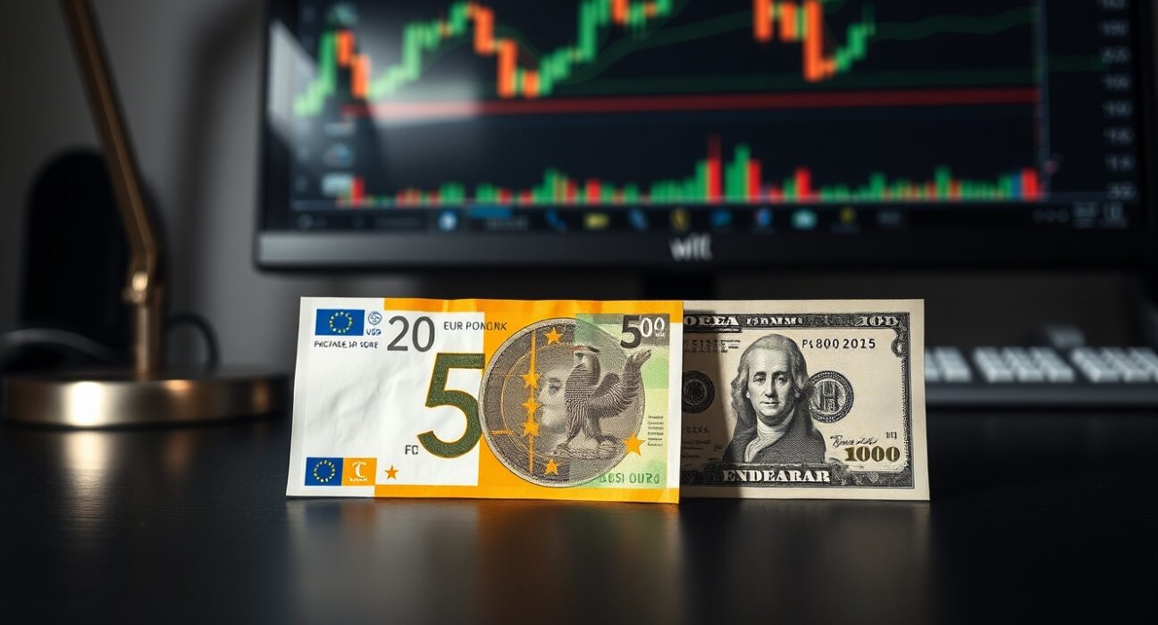 Euro and US dollar banknotes on a desk with a blurred trading chart in the background