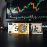 Euro and US dollar banknotes on a desk with a blurred trading chart in the background