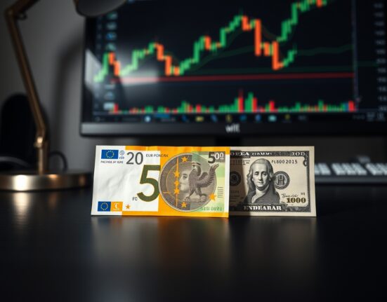 Euro and US dollar banknotes on a desk with a blurred trading chart in the background