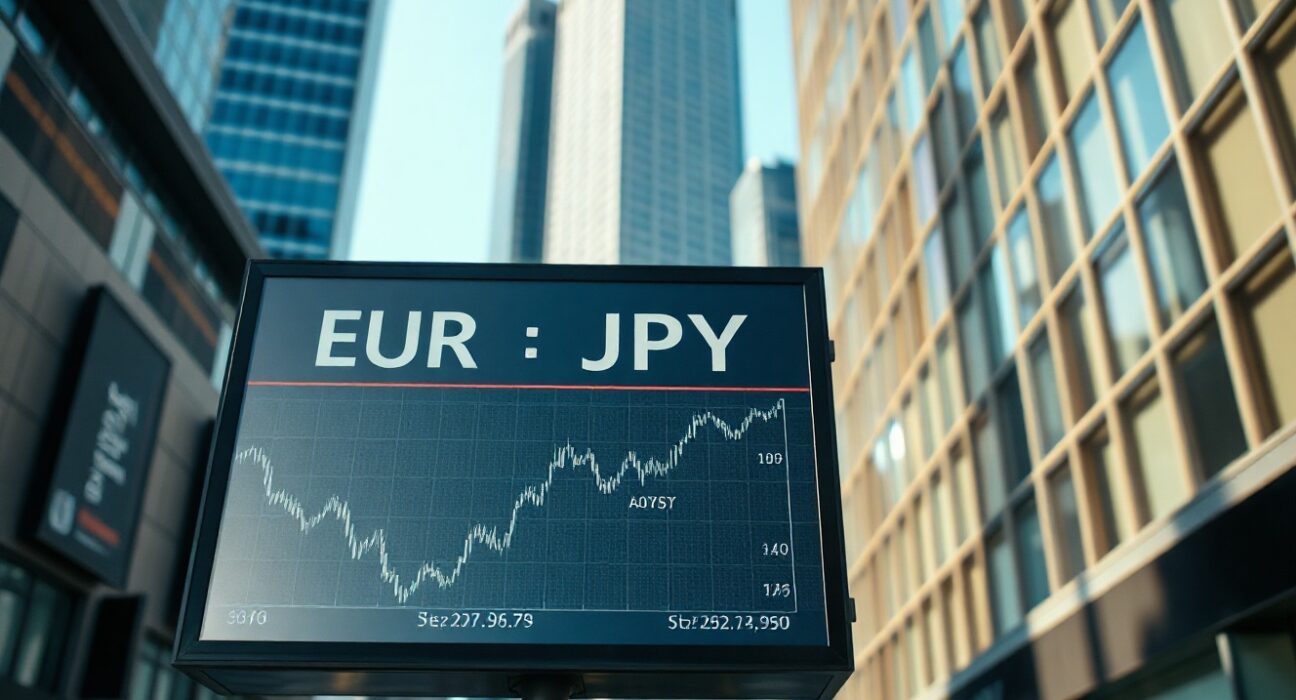 Electronic exchange board showing EUR/JPY rate in a financial district