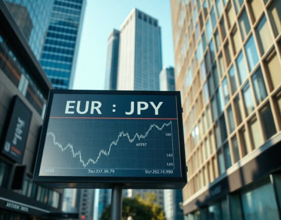 Electronic exchange board showing EUR/JPY rate in a financial district