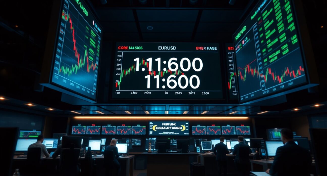 Electronic forex board showing EUR/USD price chart near 1.1600 level in a dimly lit trading floor