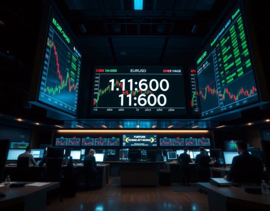 Electronic forex board showing EUR/USD price chart near 1.1600 level in a dimly lit trading floor