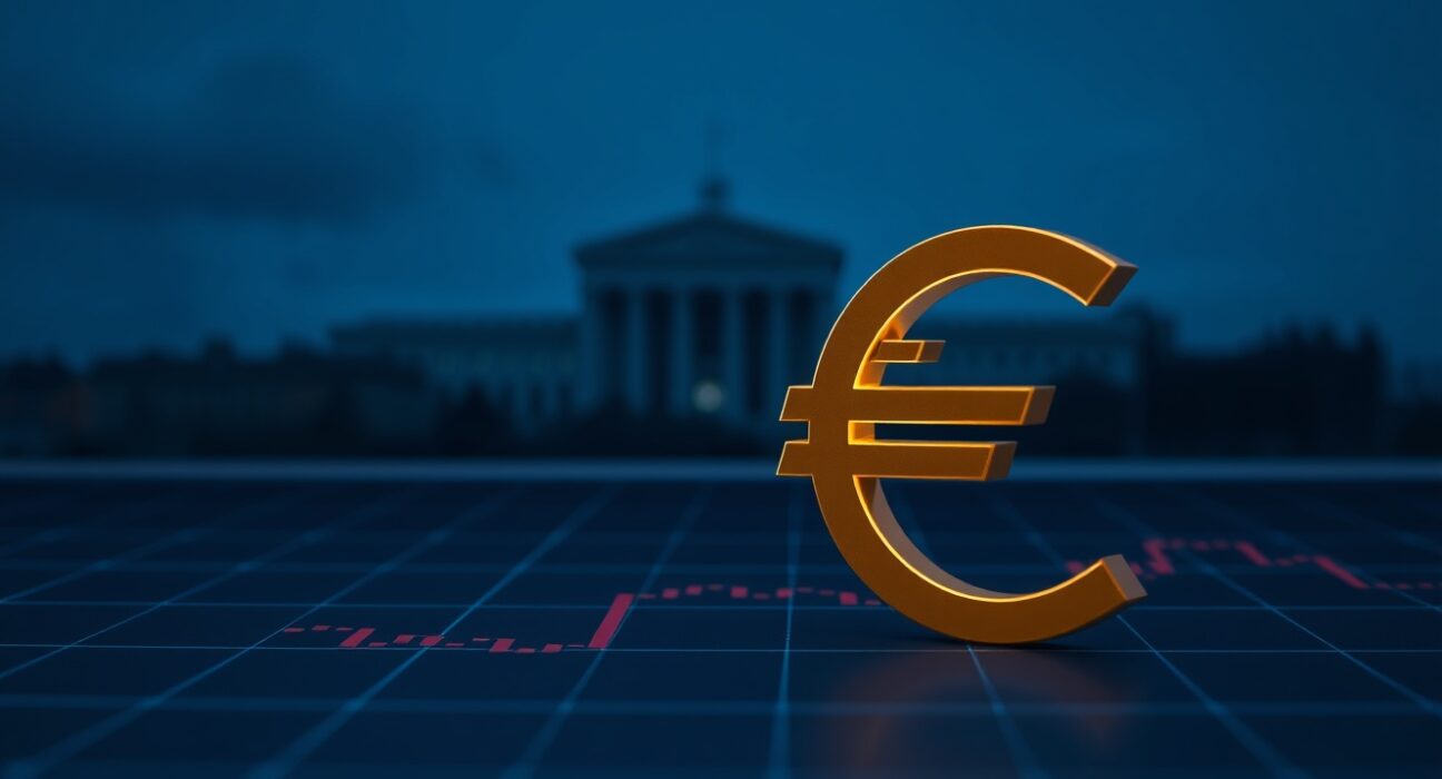 Euro currency symbol on financial chart background with ECB headquarters silhouette