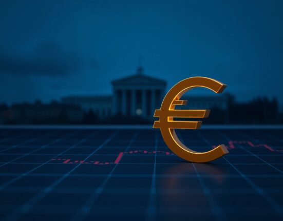 Euro currency symbol on financial chart background with ECB headquarters silhouette