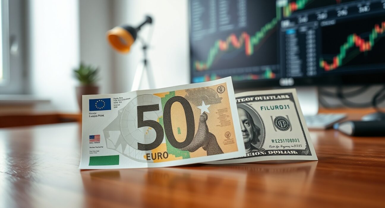 Euro and US Dollar banknotes on a desk with financial charts in background