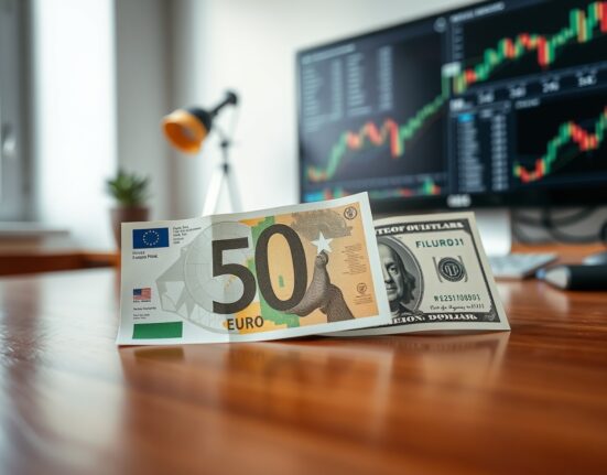 Euro and US Dollar banknotes on a desk with financial charts in background