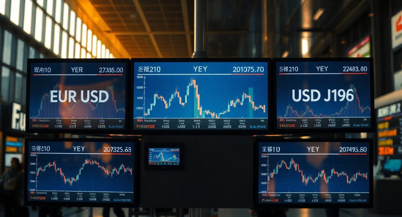 Currency exchange board showing Euro and Yen symbols with charts in a financial district