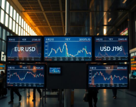 Currency exchange board showing Euro and Yen symbols with charts in a financial district