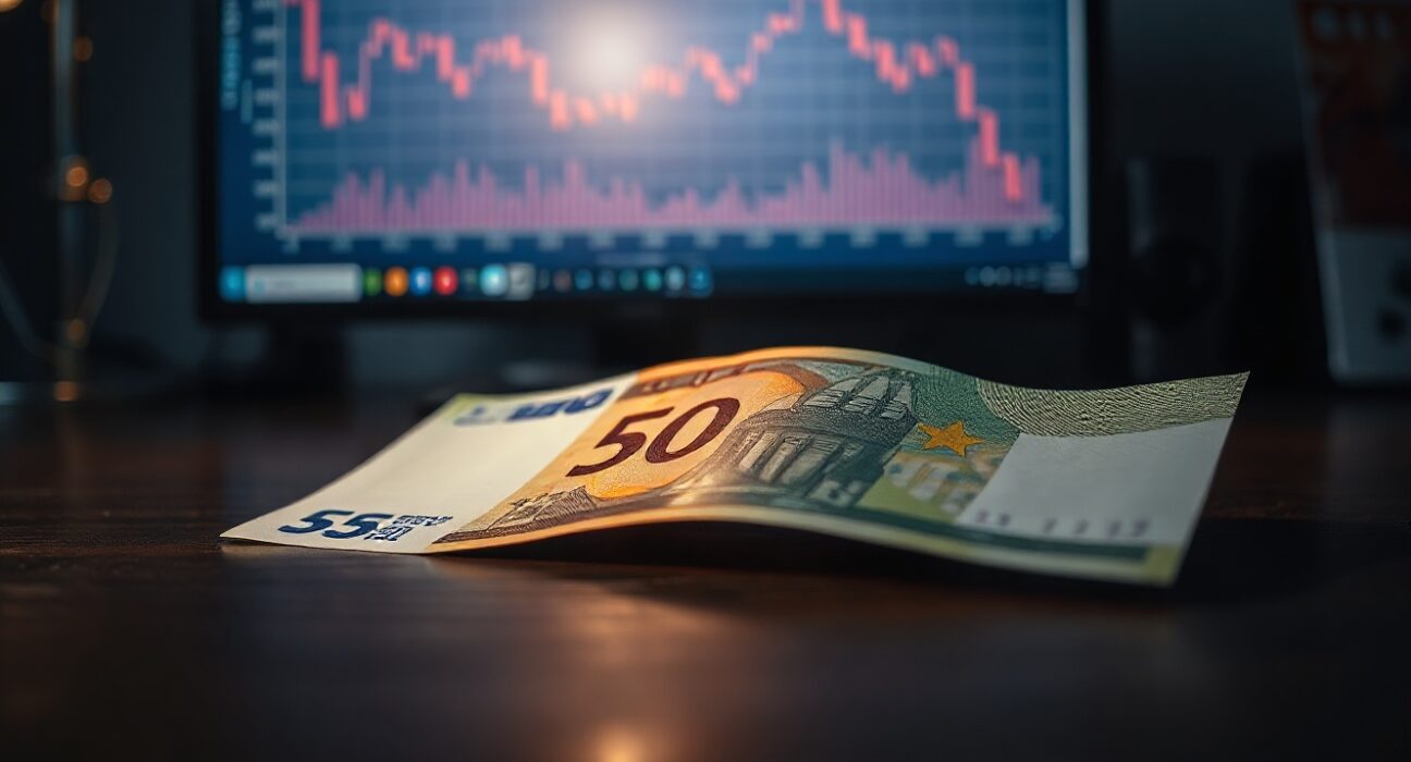 Close-up of a 50 euro note and a US dollar bill on a desk with a blurred chart showing a downward trend.
