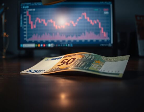 Close-up of a 50 euro note and a US dollar bill on a desk with a blurred chart showing a downward trend.