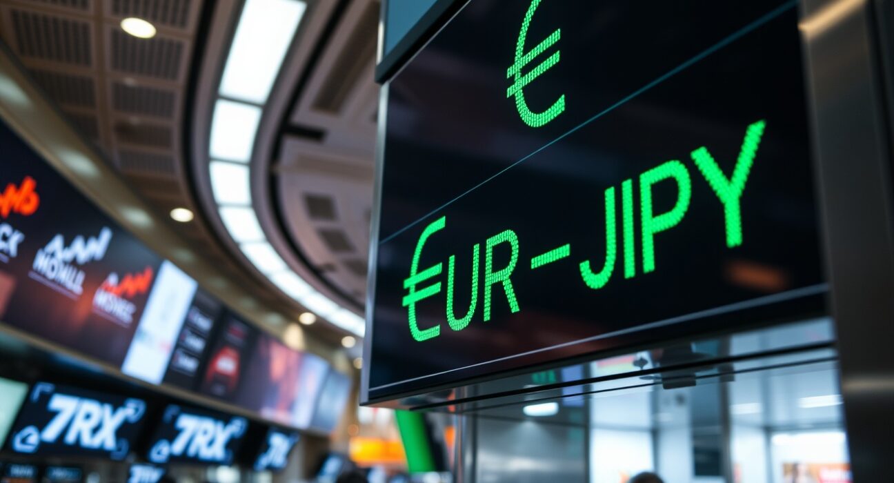 Digital currency exchange board showing EUR/JPY rate increase in a financial district