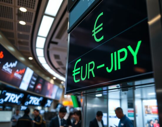Digital currency exchange board showing EUR/JPY rate increase in a financial district