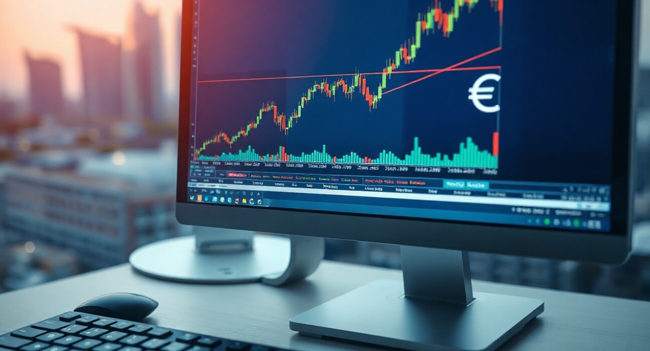 Forex trading chart on a computer screen showing Euro to Canadian Dollar exchange rate movement
