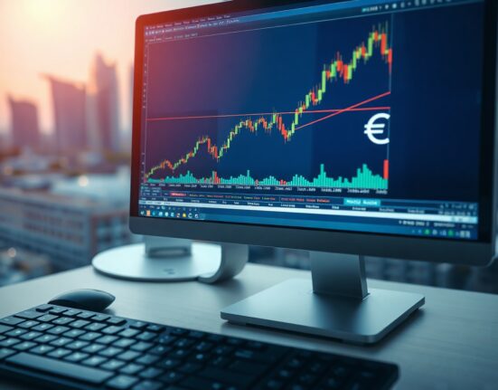 Forex trading chart on a computer screen showing Euro to Canadian Dollar exchange rate movement