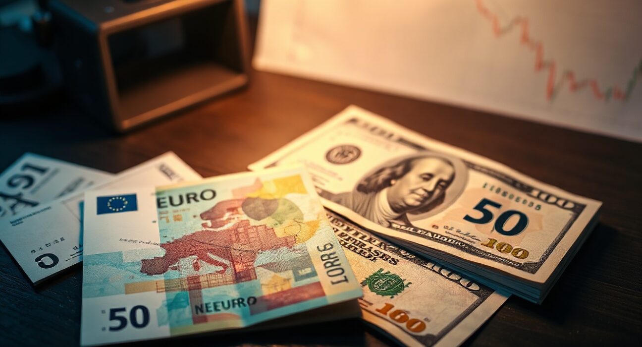 Euro and US Dollar banknotes with financial chart in background