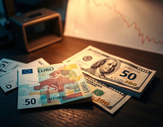 Euro and US Dollar banknotes with financial chart in background