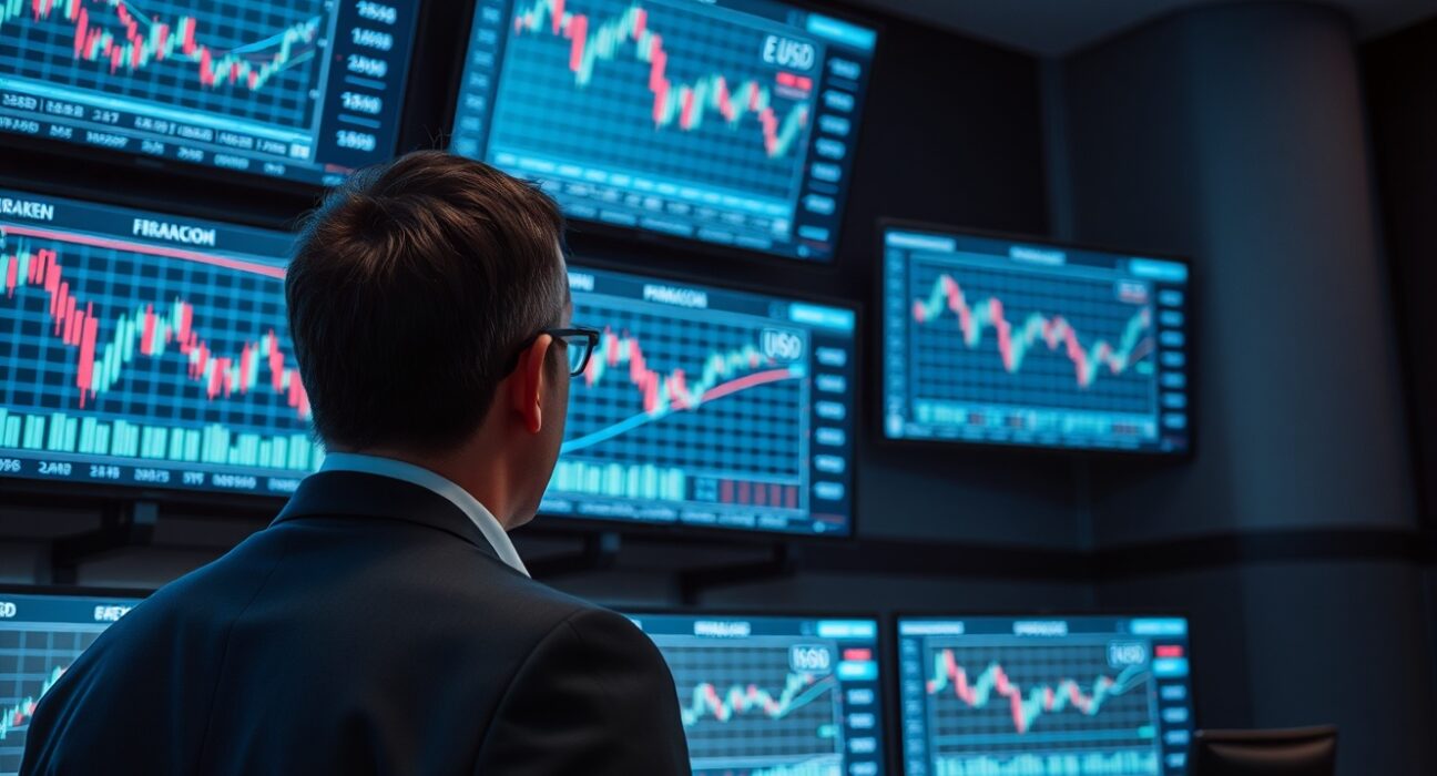 Financial analyst monitors EUR/USD exchange rate charts in a modern trading floor setting.