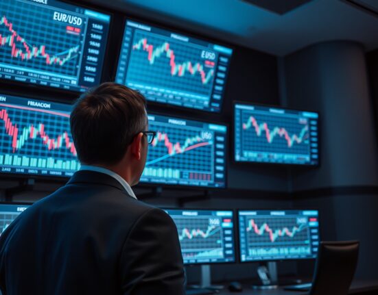 Financial analyst monitors EUR/USD exchange rate charts in a modern trading floor setting.