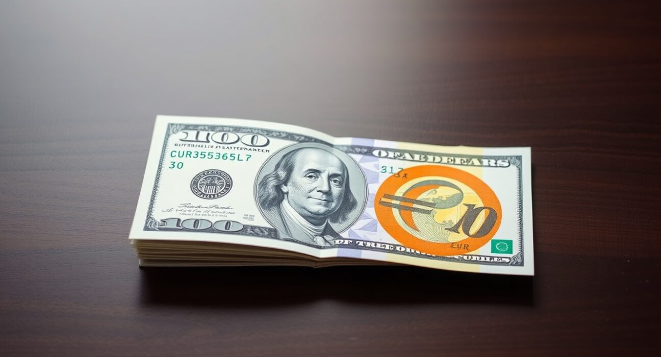 Euro and US dollar banknotes on a dark surface representing forex market movement ahead of Fed decision.