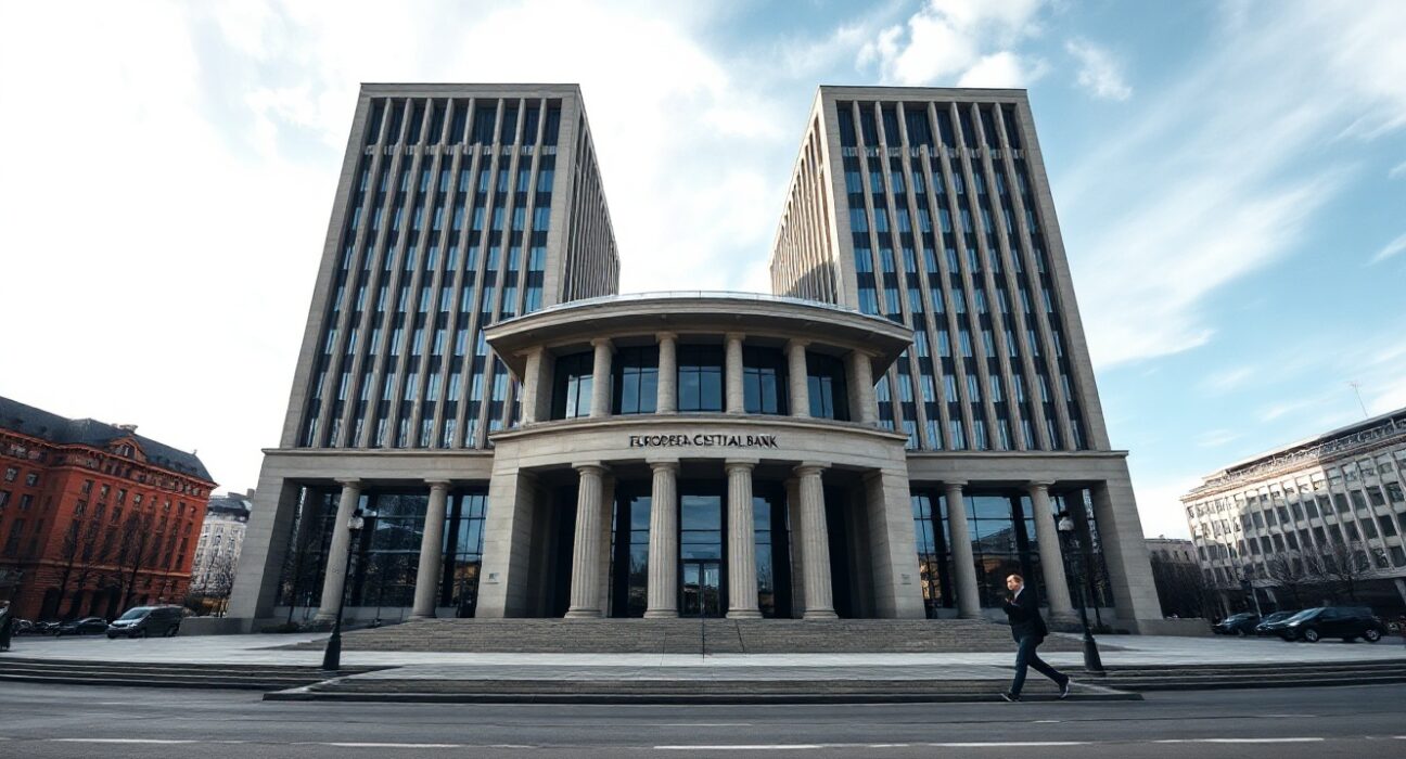 European Central Bank headquarters in Frankfurt under partly cloudy sky
