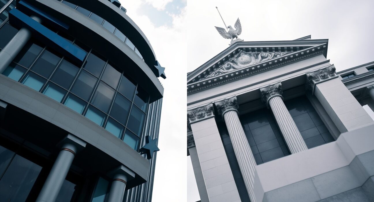 European Central Bank headquarters and US Federal Reserve building in split composition representing policy divergence