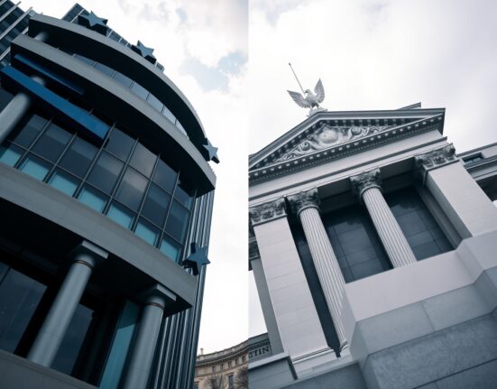 European Central Bank headquarters and US Federal Reserve building in split composition representing policy divergence