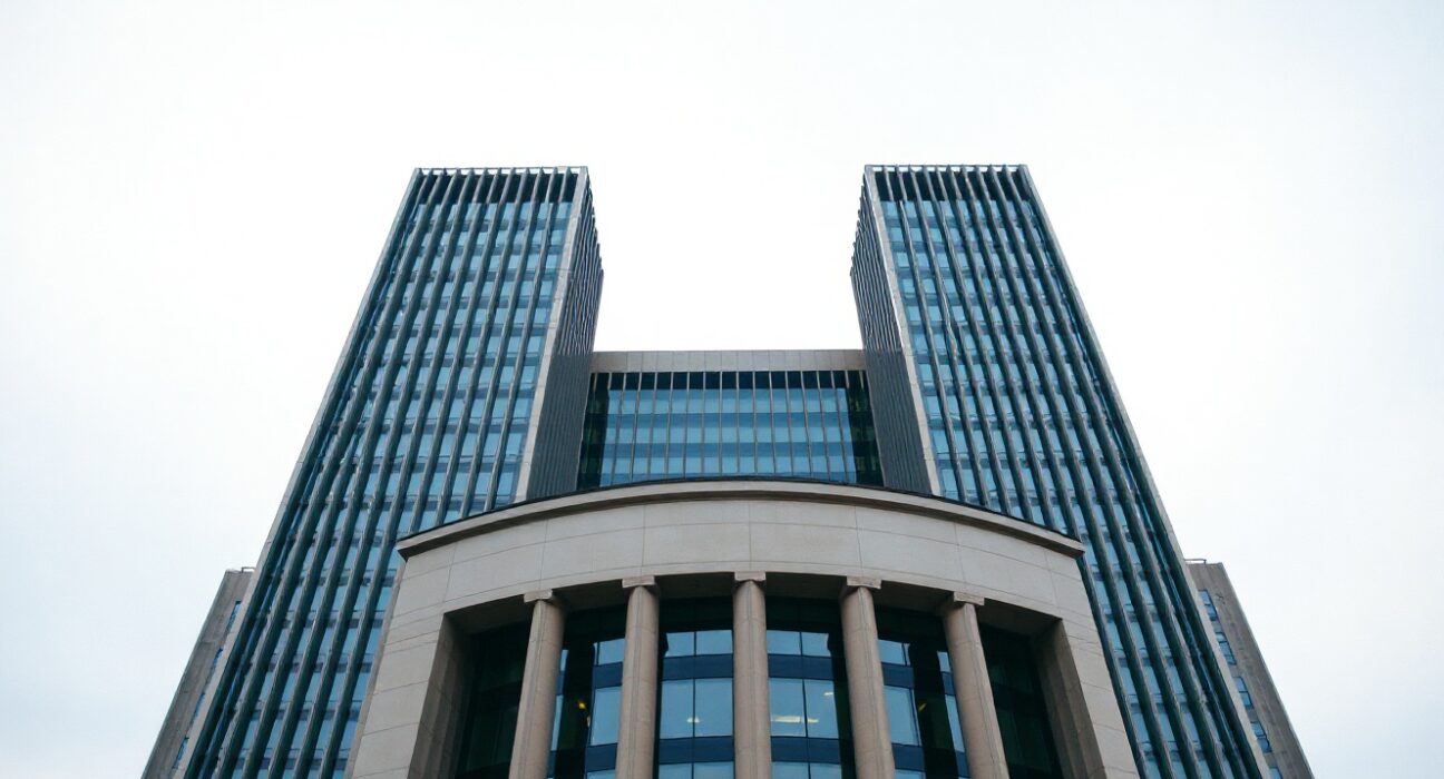 European Central Bank headquarters in Frankfurt under overcast sky, representing Eurozone monetary policy.