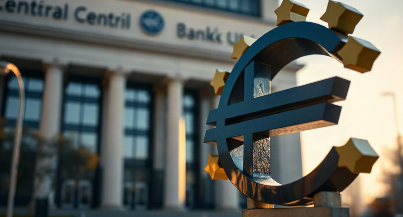 Euro symbol in foreground with European Central Bank building in background