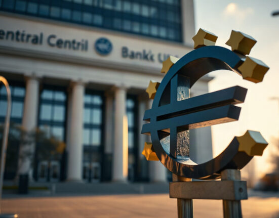 Euro symbol in foreground with European Central Bank building in background