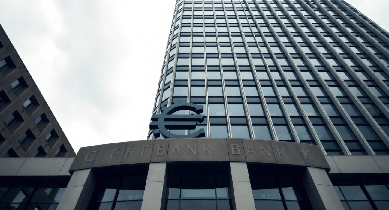 European Central Bank headquarters in Frankfurt with euro symbol visible under overcast sky