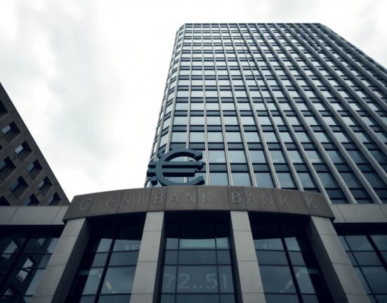 European Central Bank headquarters in Frankfurt with euro symbol visible under overcast sky