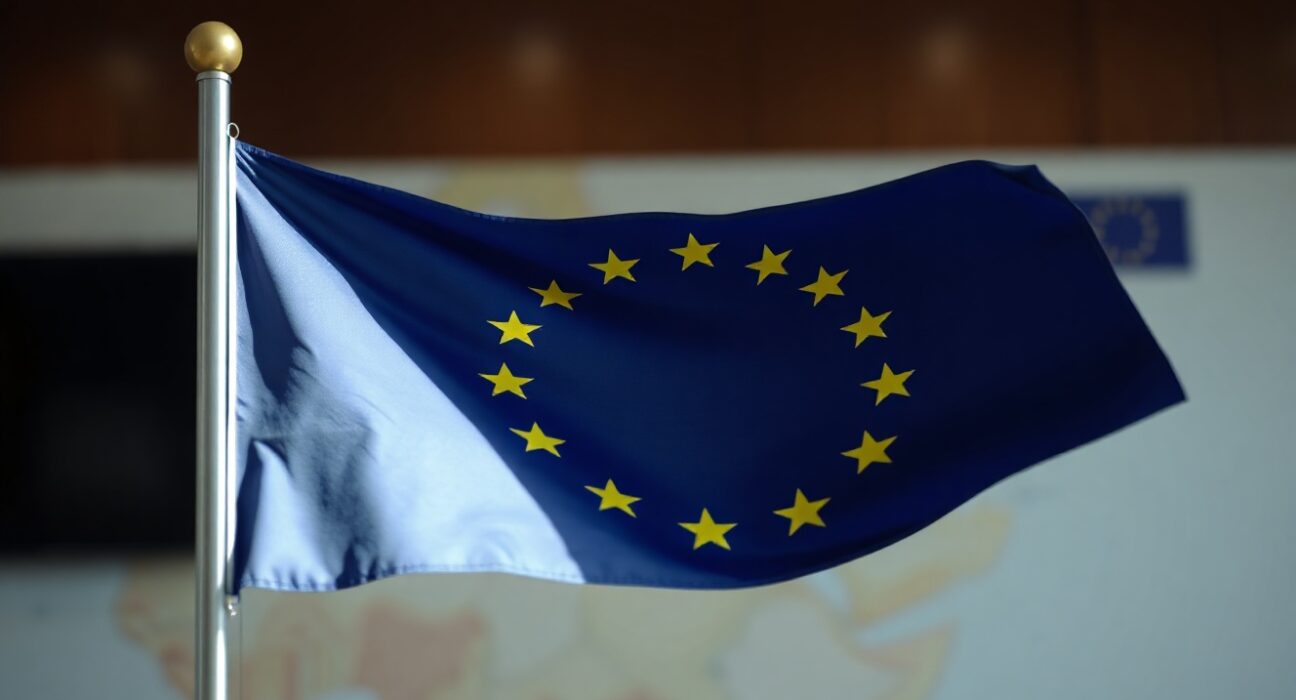 EU flag waving with blurred diplomatic background representing euro gains after ceasefire
