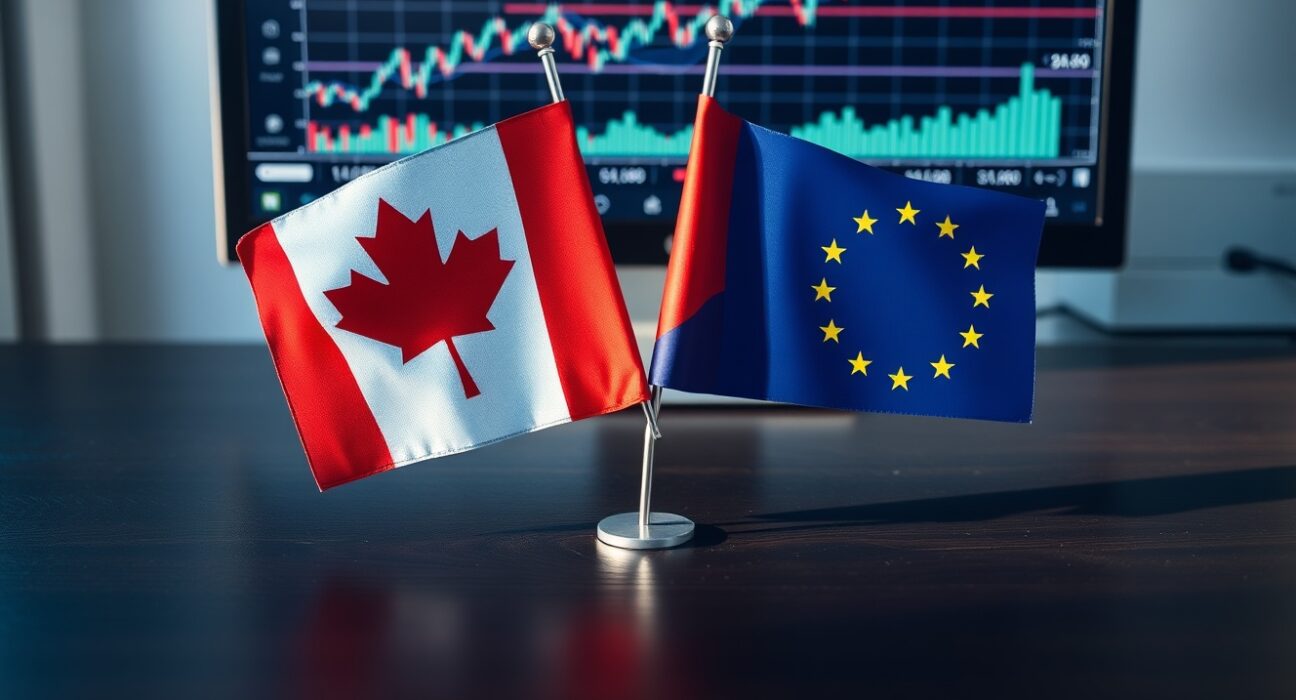 EU and Canadian flags with a EUR/CAD chart in the background, representing currency market analysis.