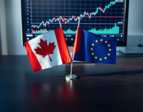 EU and Canadian flags with a EUR/CAD chart in the background, representing currency market analysis.
