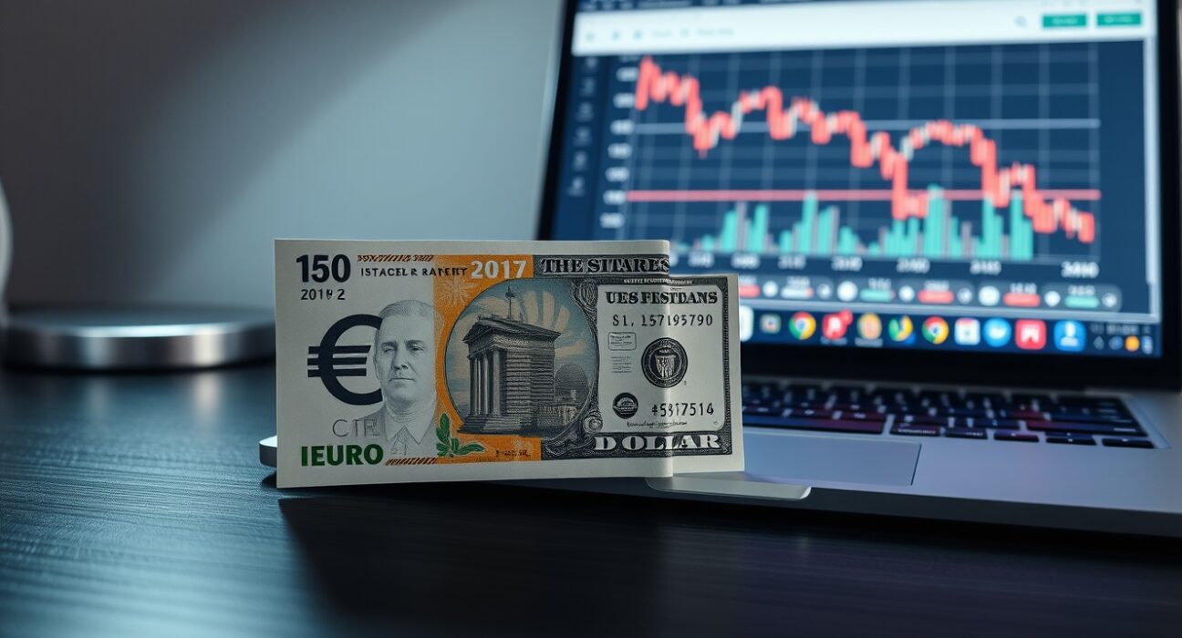 Euro and US dollar banknotes on a desk with a financial chart in the background