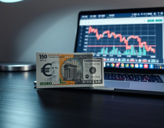 Euro and US dollar banknotes on a desk with a financial chart in the background