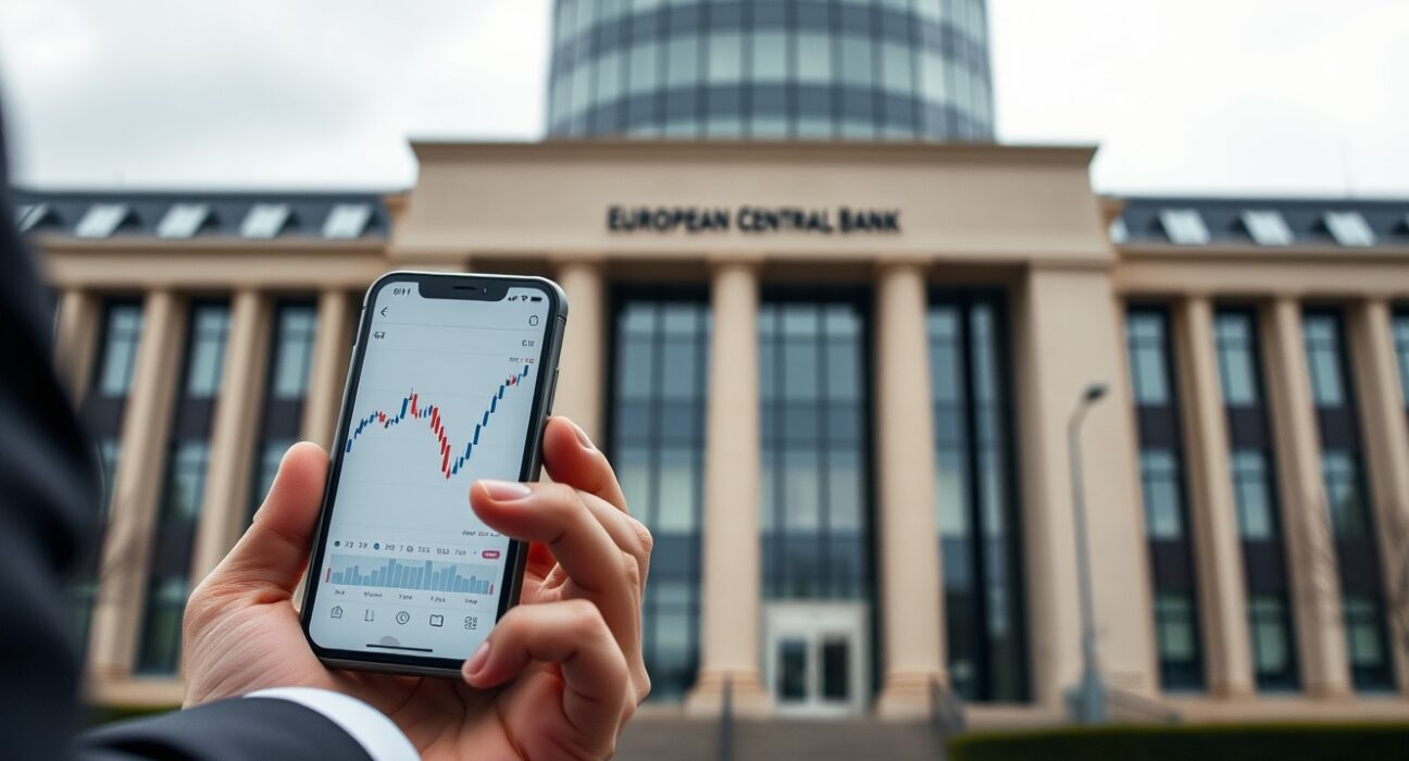 Trader checking EUR/GBP chart on smartphone with ECB building in background