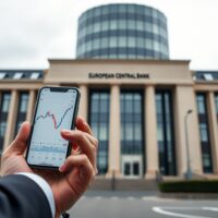 Trader checking EUR/GBP chart on smartphone with ECB building in background