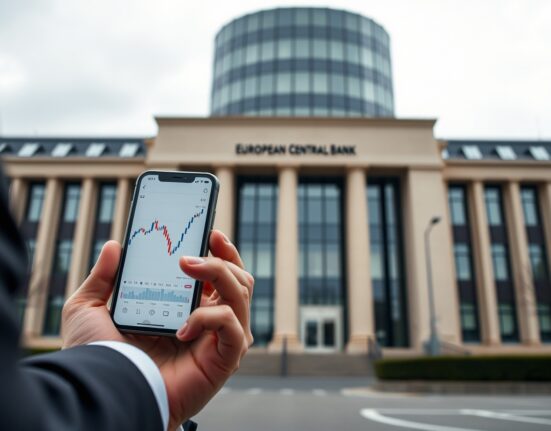 Trader checking EUR/GBP chart on smartphone with ECB building in background
