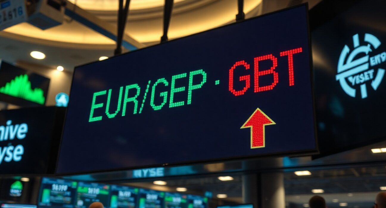 Digital exchange board showing EUR/GBP rate increase in a trading floor setting
