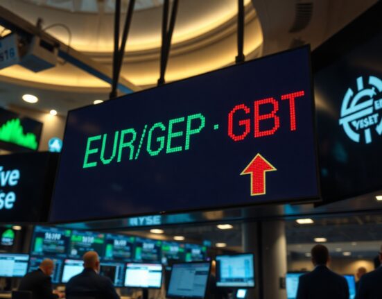 Digital exchange board showing EUR/GBP rate increase in a trading floor setting