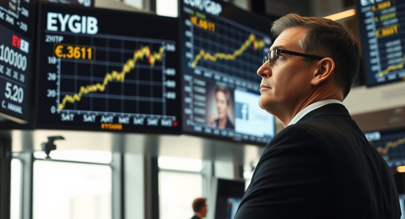 Trader watching EUR/GBP exchange rate charts on screens in a financial trading floor