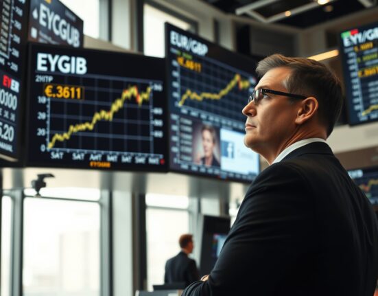Trader watching EUR/GBP exchange rate charts on screens in a financial trading floor