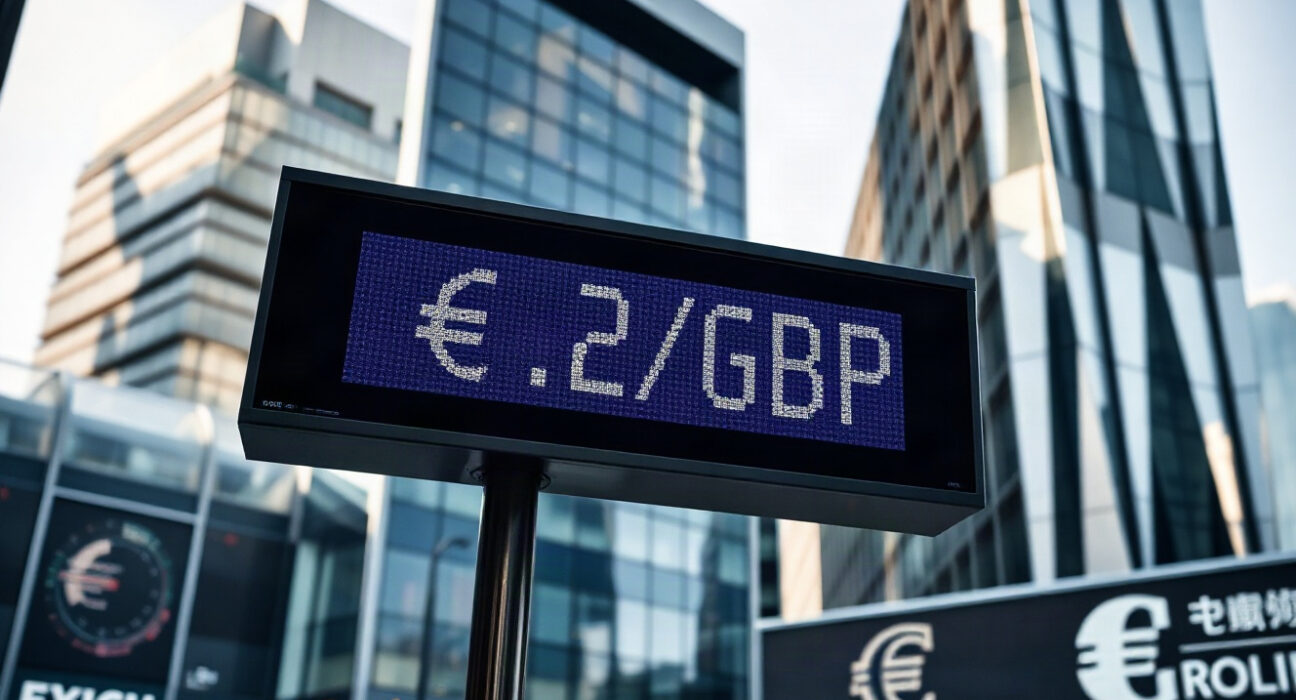 EUR/GBP exchange rate displayed on a digital board in a financial district