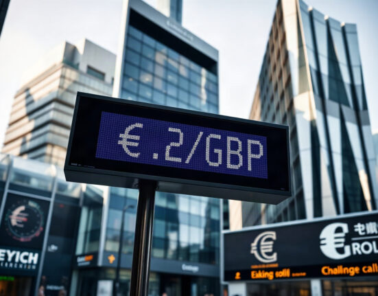 EUR/GBP exchange rate displayed on a digital board in a financial district